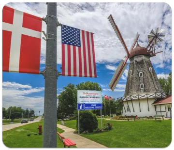 Windmill grounds with Danish and American flags