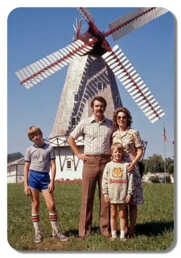 1970s family photo in front of the Danish Windmill