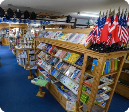 Shelves of books and gifts inside the Heritage Market