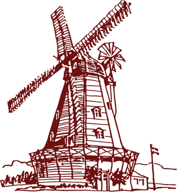 Dark red sketch illustration of the Danish Windmill