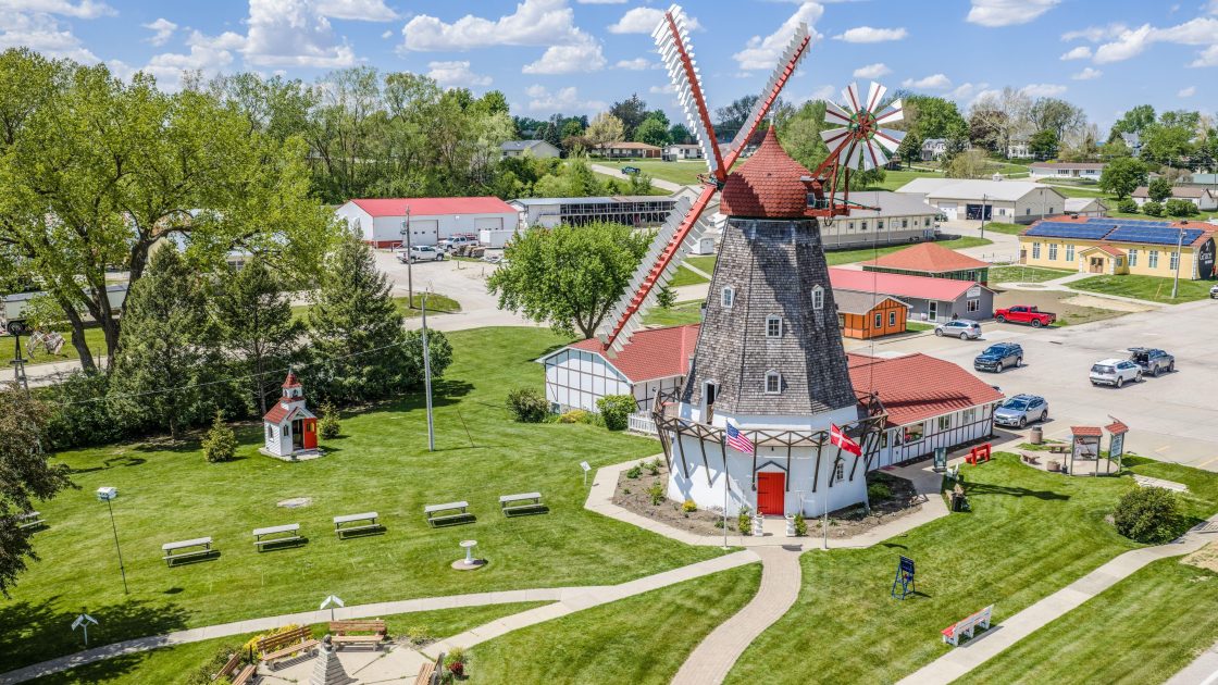 Aerial view of the Danish Windmill and surrounding Elk Horn landscape.