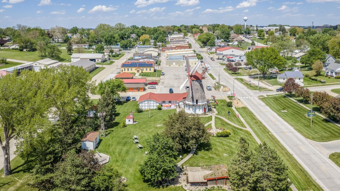 Aerial view of the Danish Windmill and surrounding Elk Horn landscape.