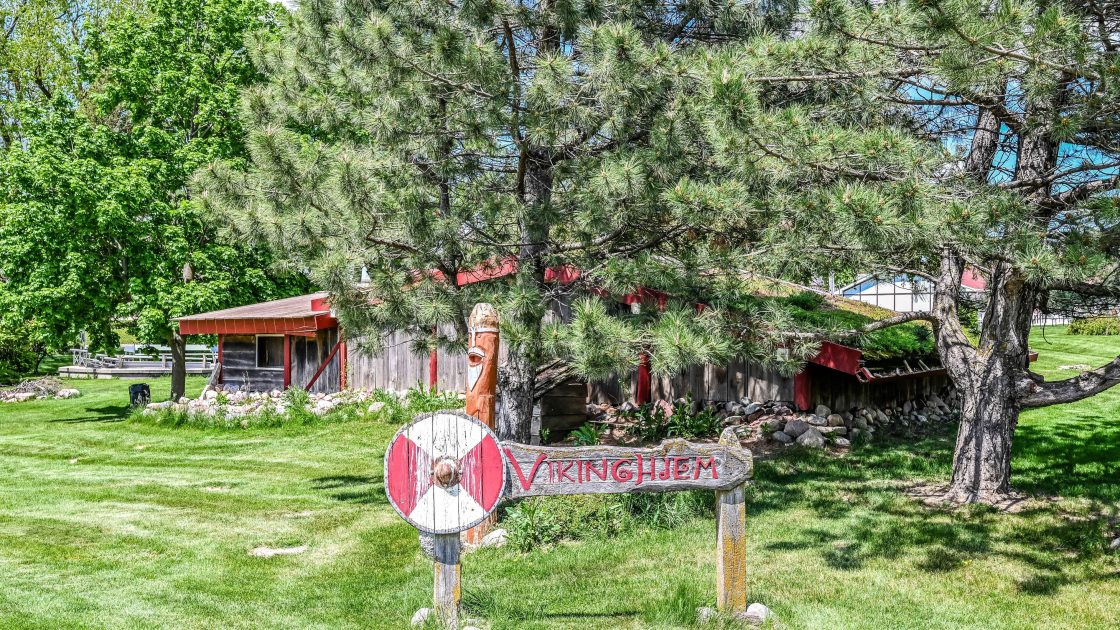 Outdoor campus area showing Grounds Viking Display.