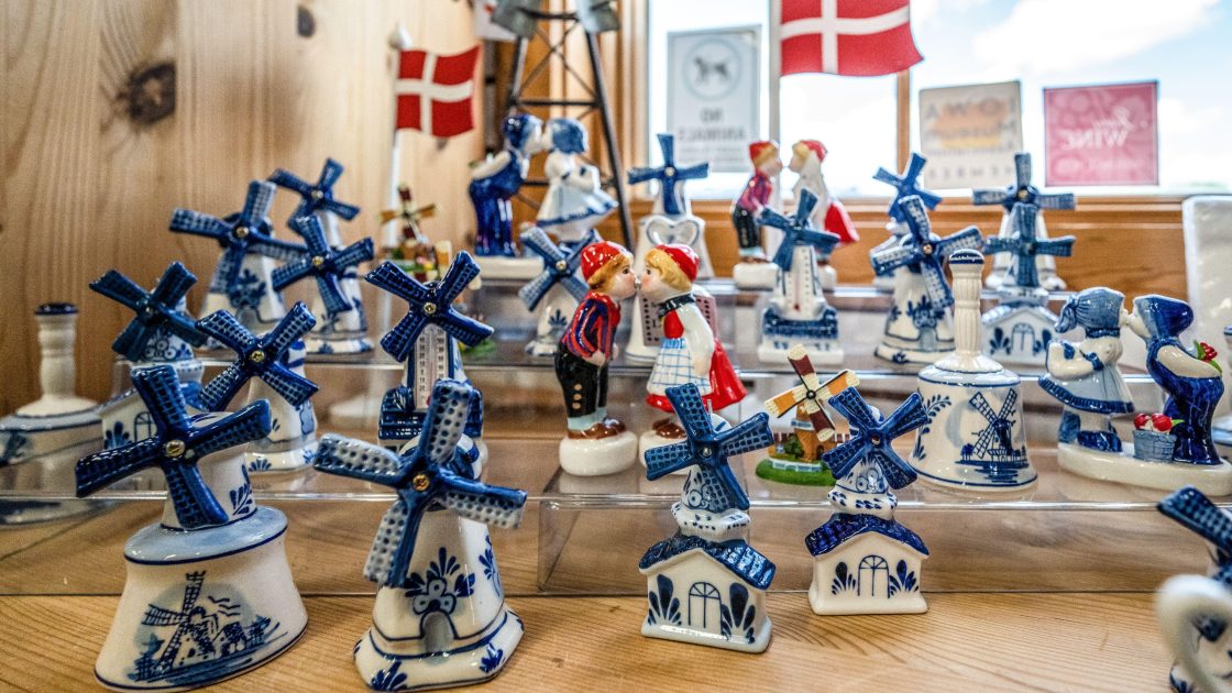 Heritage Market merchandise display showing Heritage Market Blue Ceramic Windmills.