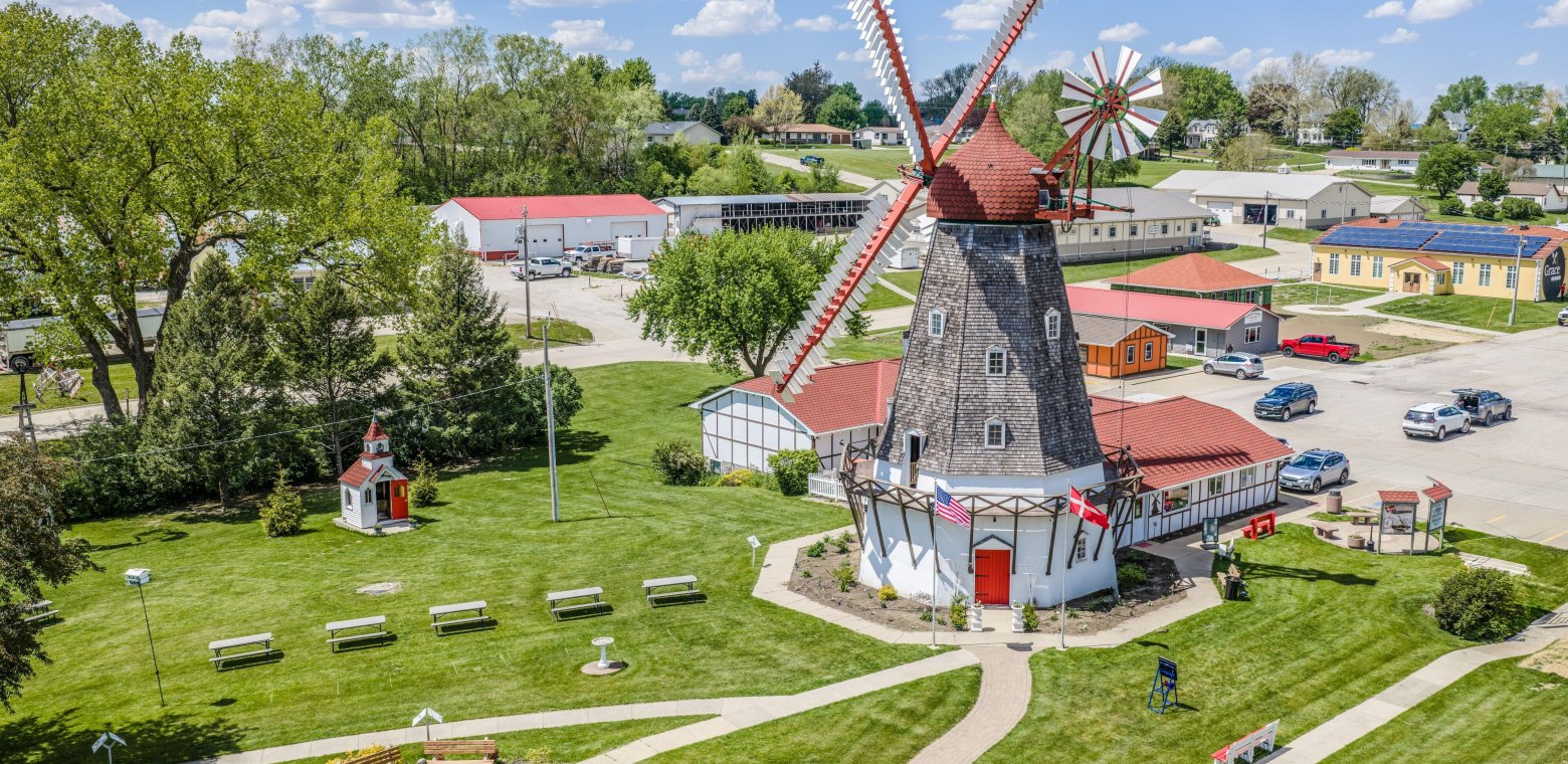 Aerial view of the Danish Windmill and surrounding Elk Horn landscape.