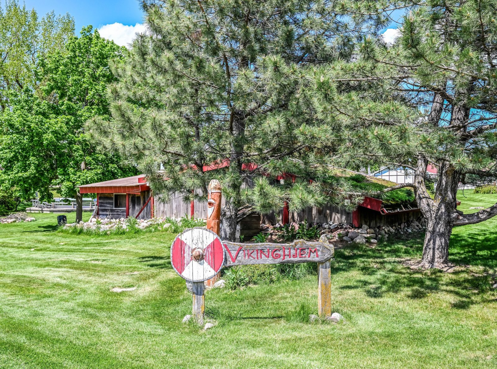 Outdoor campus area showing Grounds Viking Display.