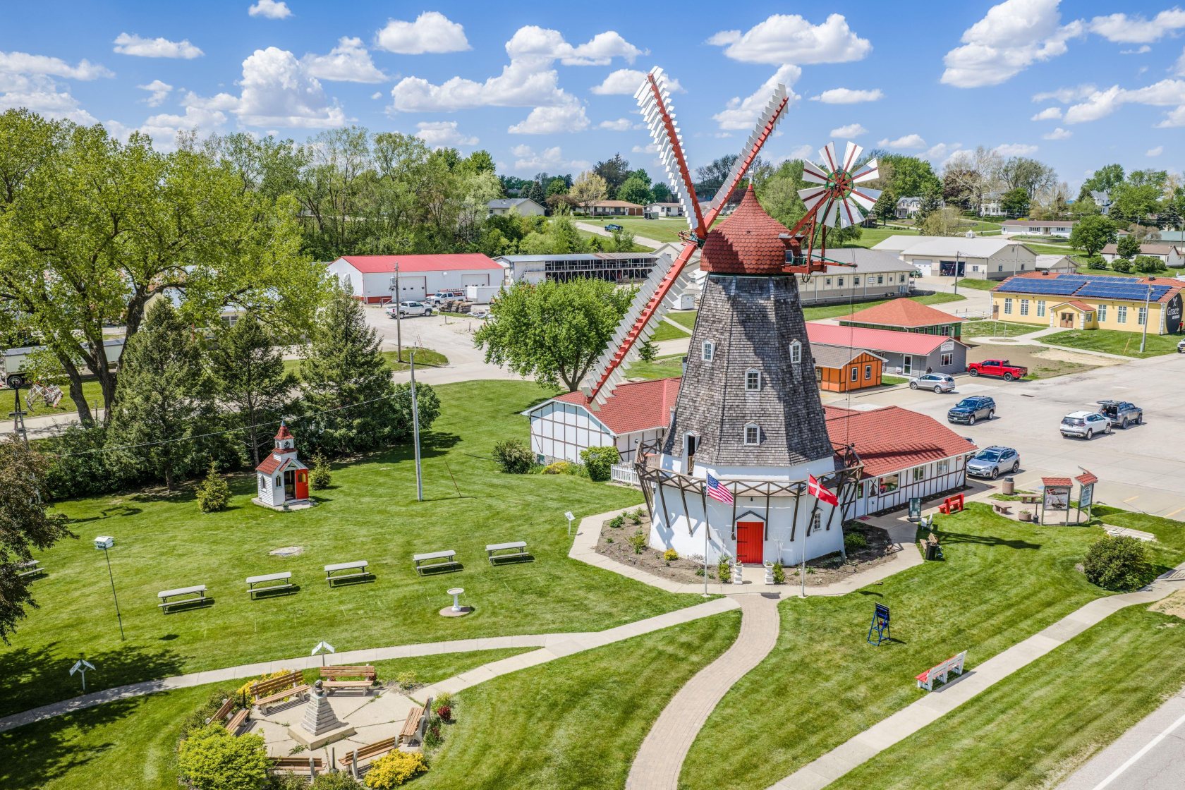 Aerial view of the Danish Windmill and surrounding Elk Horn landscape.