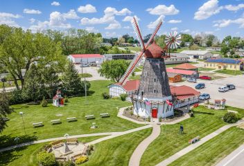 Aerial view of the Danish Windmill and surrounding Elk Horn landscape.