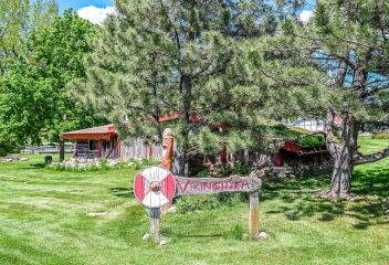 Outdoor campus area showing Grounds Viking Display.
