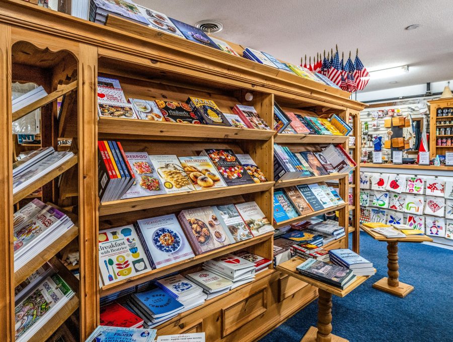 Heritage Market merchandise display showing Heritage Market Book Shelf Flags.