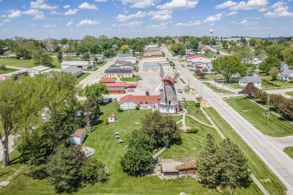 Aerial view of the Danish Windmill and surrounding Elk Horn landscape.