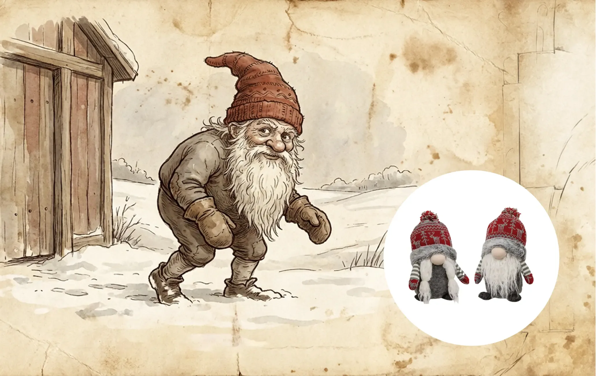 A Danish Nisse figure beside two red-capped Nisse dolls from the Danish Windmill shop.