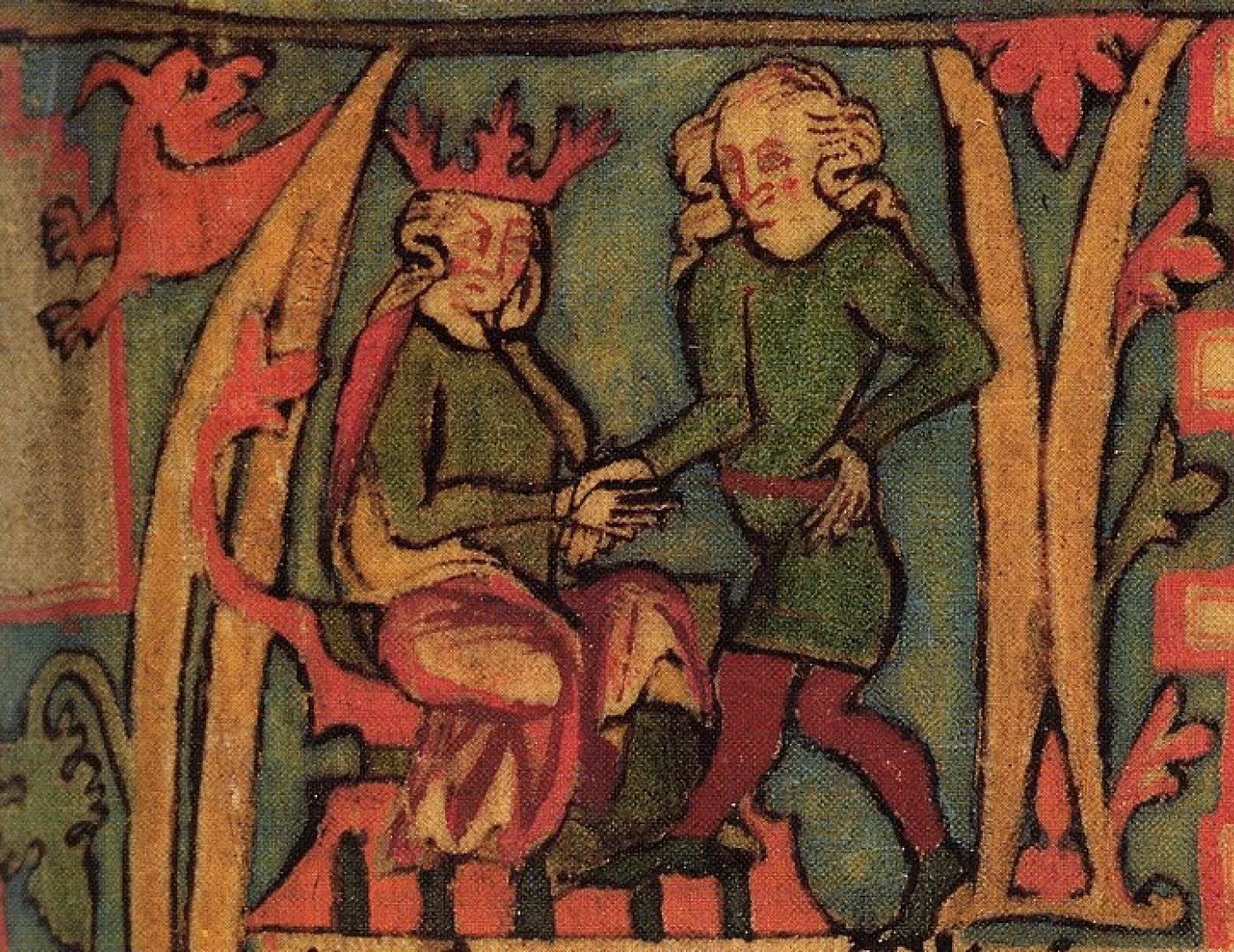 Medieval manuscript-style illustration of a seated crowned king and standing figure.
