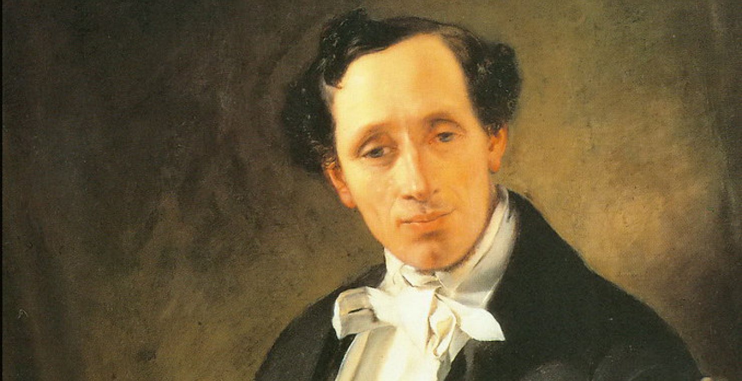 Painted portrait of Hans Christian Andersen seated in a dark coat and white cravat.