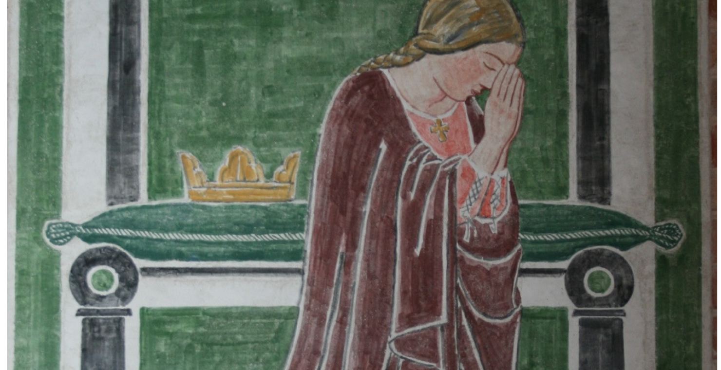 Memorial painting of Queen Dagmar kneeling in prayer with Danish inscription around her.