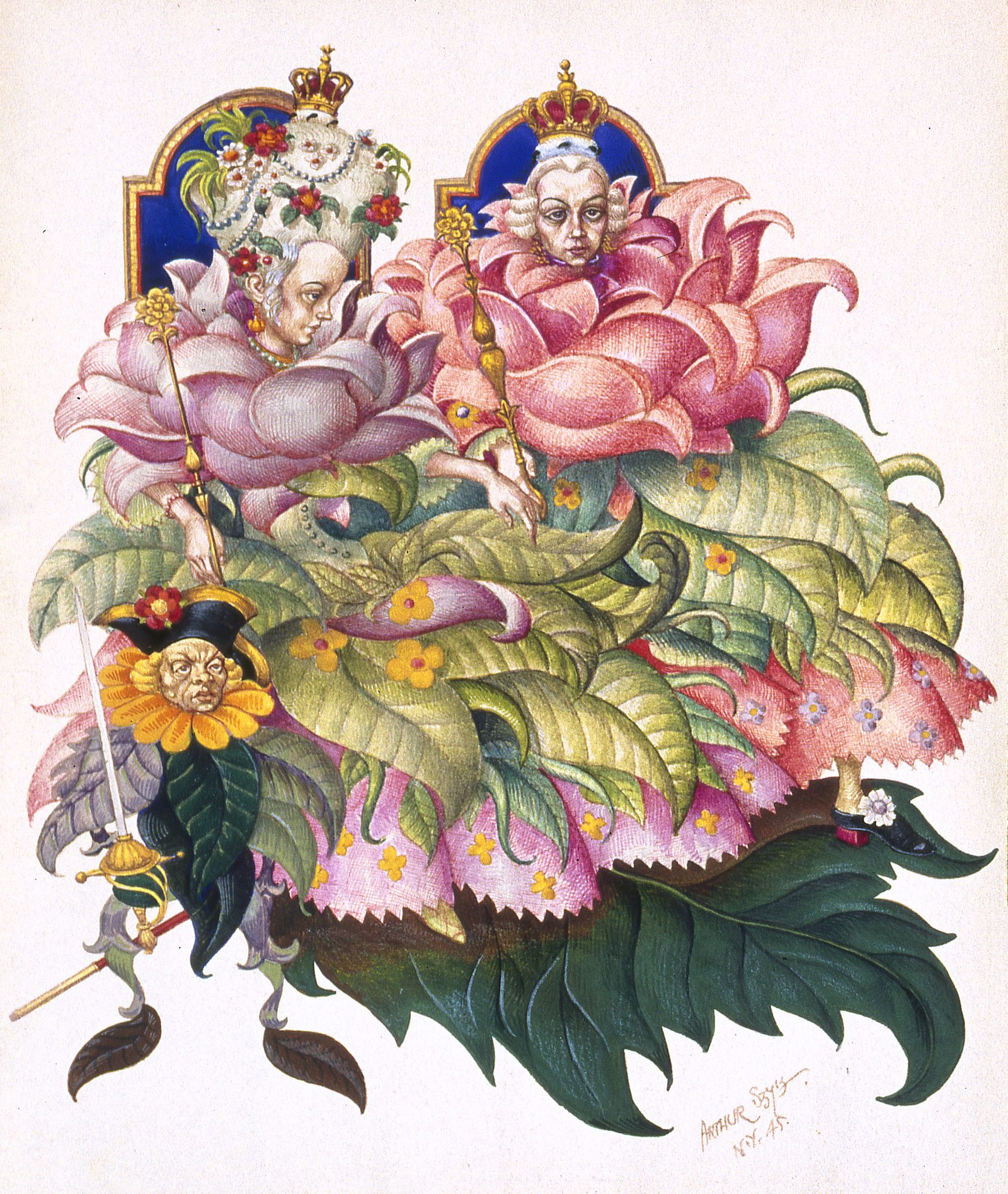Colorful fairy tale illustration with crowned flower figures and a small guard holding a sword.