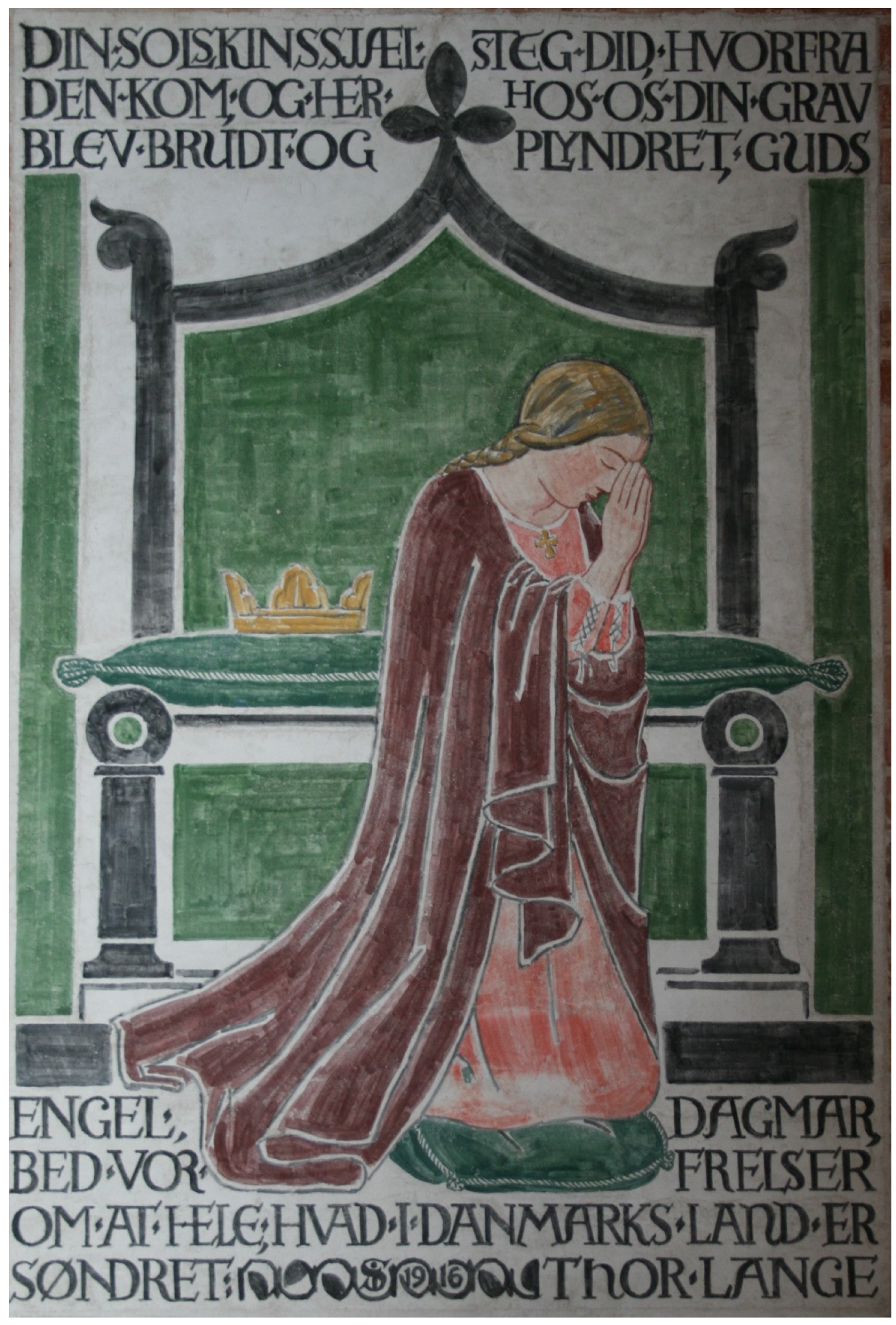 Memorial painting of Queen Dagmar kneeling in prayer with Danish inscription around her.