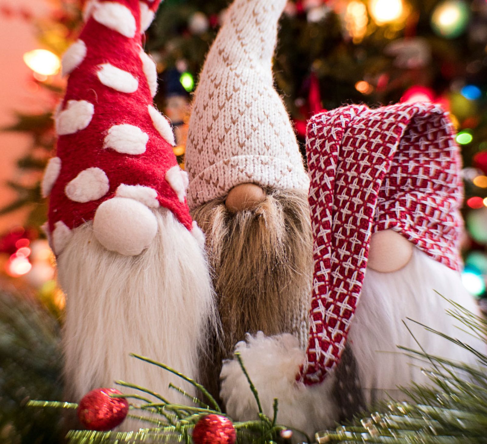 Three fabric Christmas nisser in red and cream hats near holiday lights.