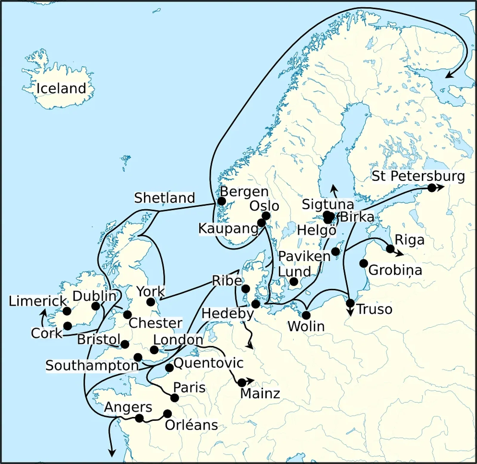 Map showing Viking Age trade routes across northwestern Europe with towns including Ribe, Hedeby, York, Dublin, and Birka.