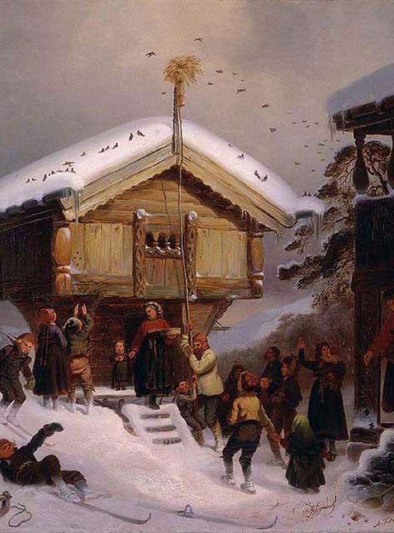 Painted winter scene with people and nisser near a snowy building.