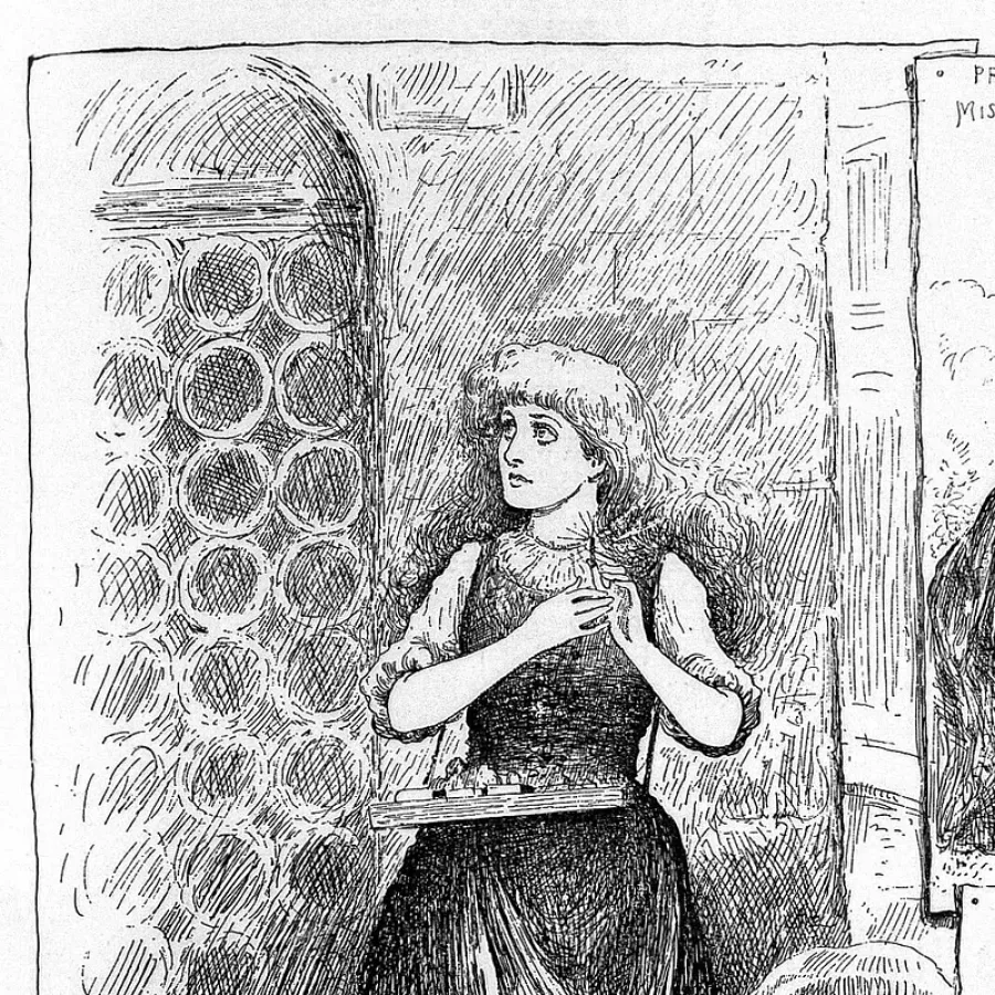 Black-and-white illustration of a barefoot girl holding matches in a snowy street.