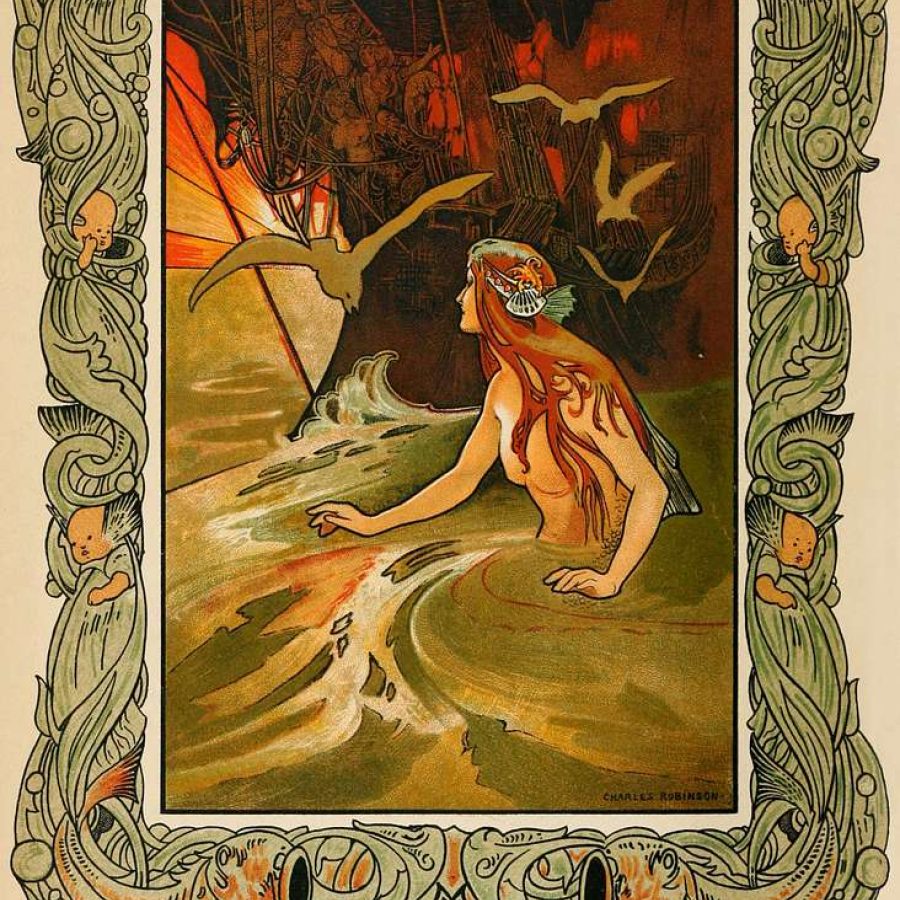 Color illustration of the Little Mermaid in water beside a ship, framed with decorative sea motifs.