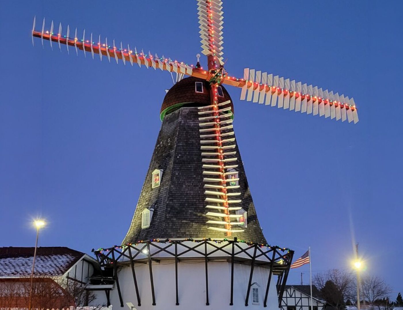 Exterior view of the Danish Windmill showing Exterior Christmas Lights.