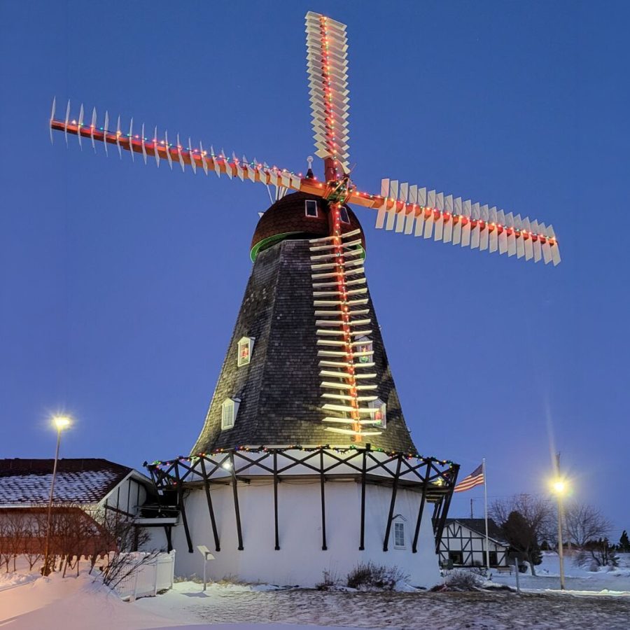 Exterior view of the Danish Windmill showing Exterior Christmas Lights.
